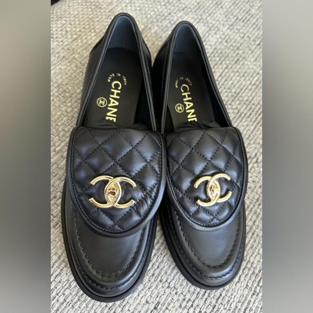 Chanel Black Quilted Slides with Gold Logo